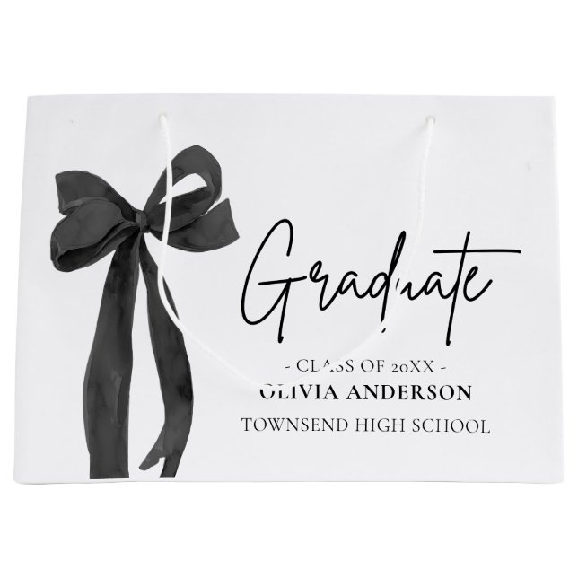 Modern Black Bow Coquette Graduate Graduation Large Gift Bag (Front)