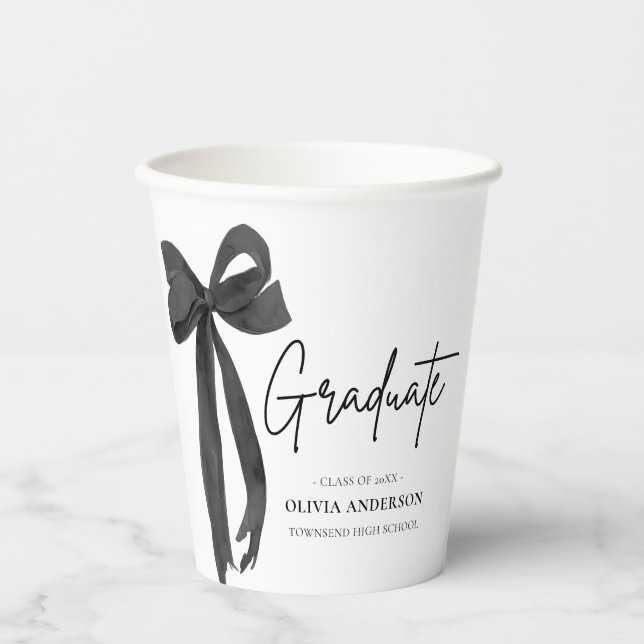 Modern Black Bow Coquette Graduate Graduation Paper Cups (Front)