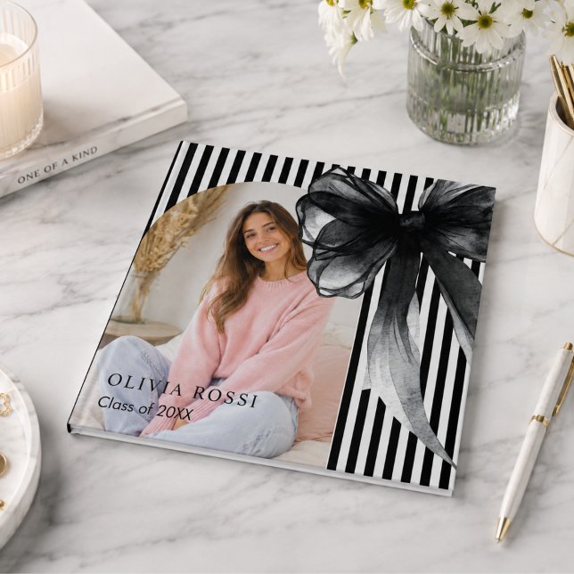 Modern Black Bow Coquette Graduation  Guest Book (Elegant Black Bow graduation Guest Book)