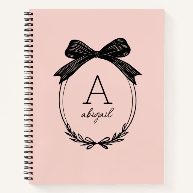 Modern Black Bow Elegant Blush Pink Monogram Notebook (Front)