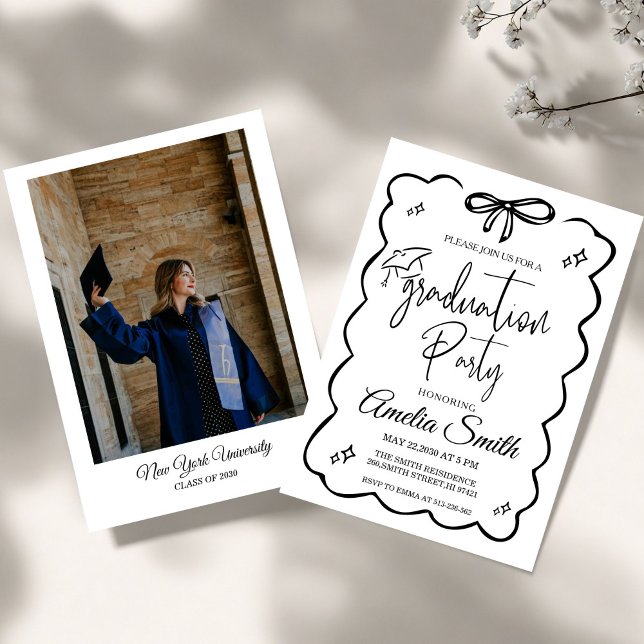 Modern Black Bow Graduation Class of 2026 Photo Invitation (Creator Uploaded)