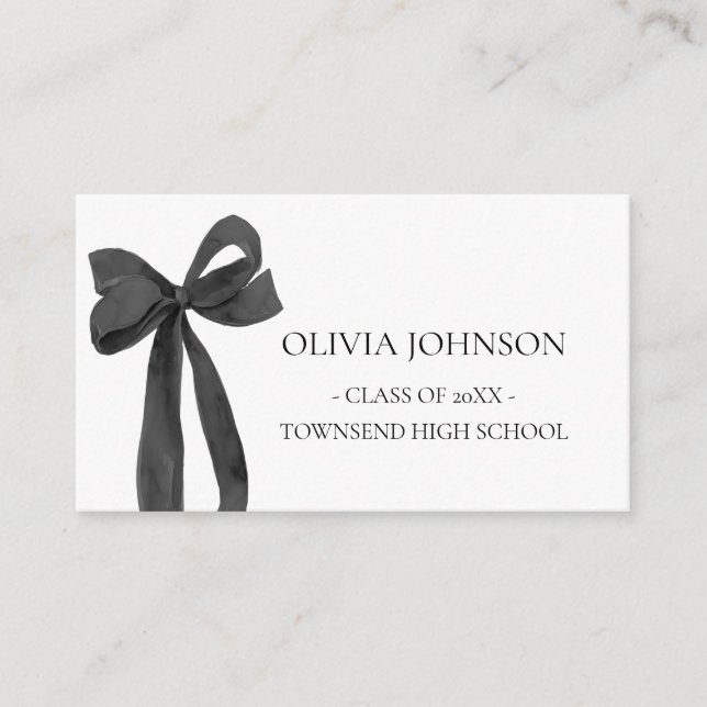 Modern Black Bow Graduation Insert Name Card (Front)