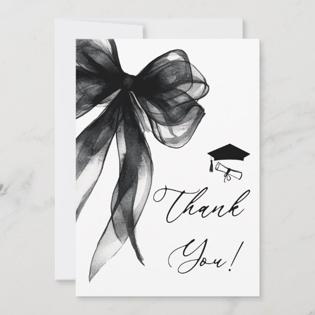 Modern Black Bow Graduation Party Thank You Card (Front)