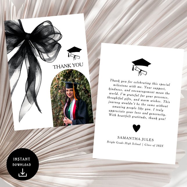 Modern Black Bow Graduation Photo Thank You Card (Creator Uploaded)