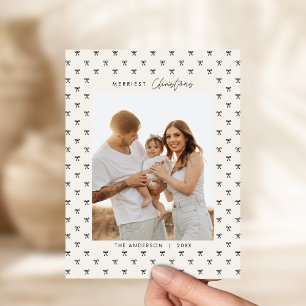 Modern Black Bow Pattern Family Photo Christmas Postcard
