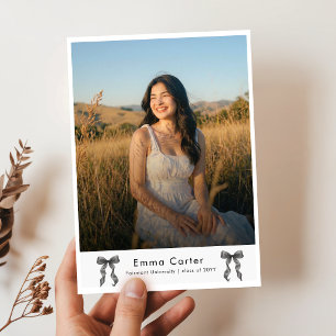 Modern Black Bow Photo Graduation Announcement Postcard