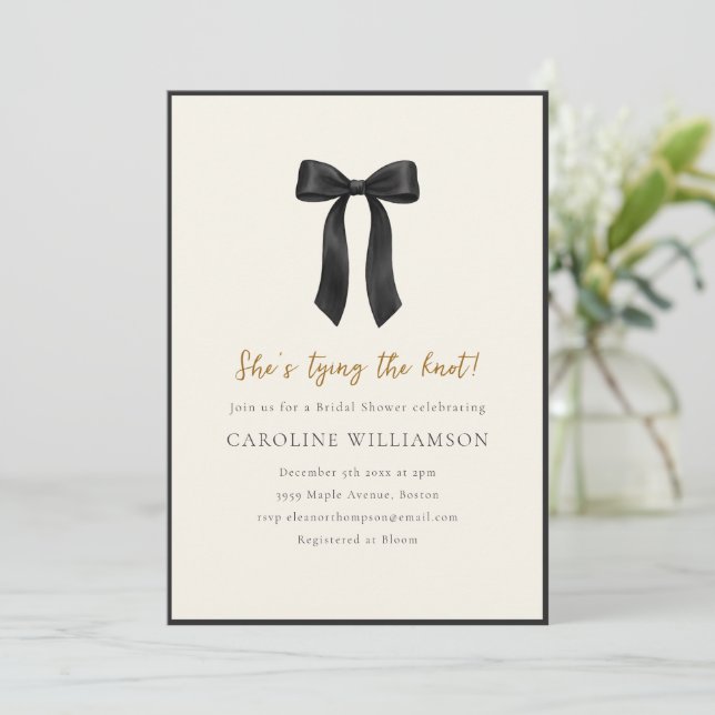 Modern Black Bow She's Tying the Knot Shower  Invitation (Standing Front)