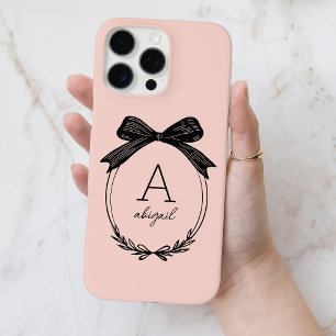 Modern Black Bow Stylish Girly Blush Pink Monogram iPhone 16 Pro Max Case