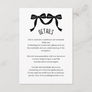 Modern Black bow Wedding Details Enclosure Card 