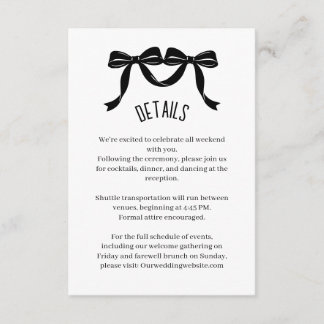 Modern Black bow Wedding Details Enclosure Card 