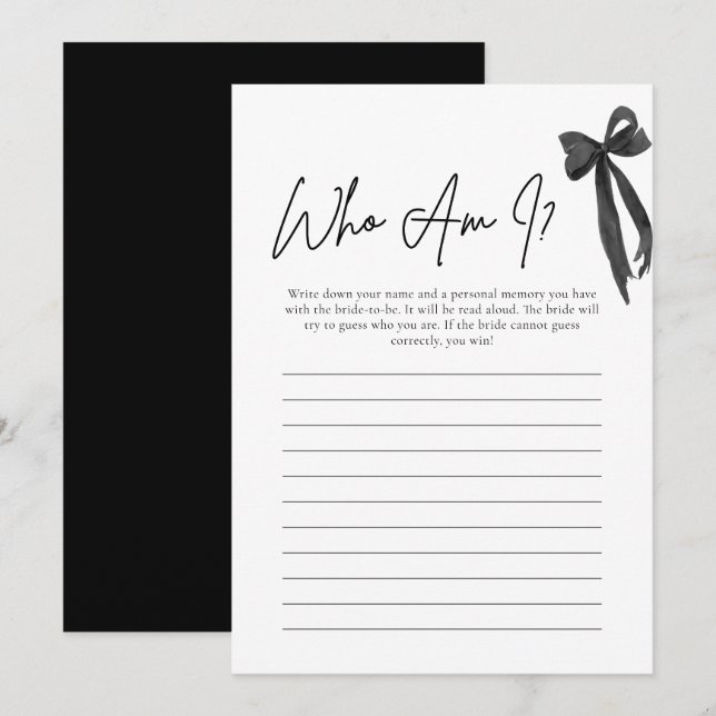 Modern Black Bow Who Am I Bridal Shower Game Card (Front/Back)