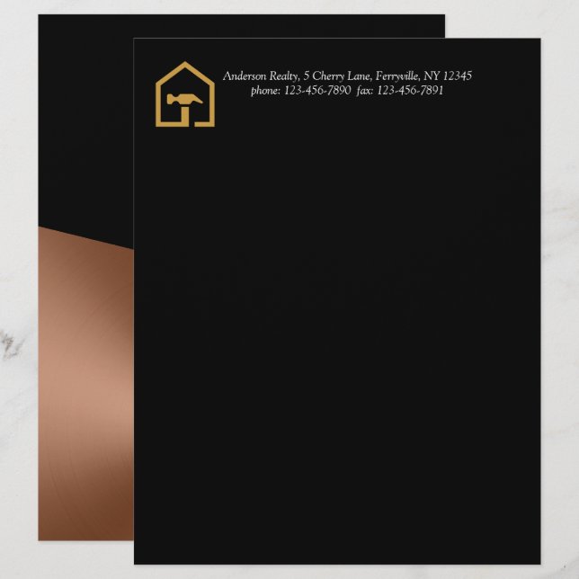 Modern Black & Bronze Construction Building Letterhead (Front/Back)