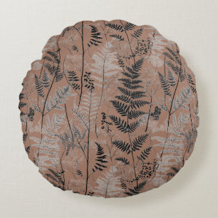 Modern black brown fern pattern round pillow