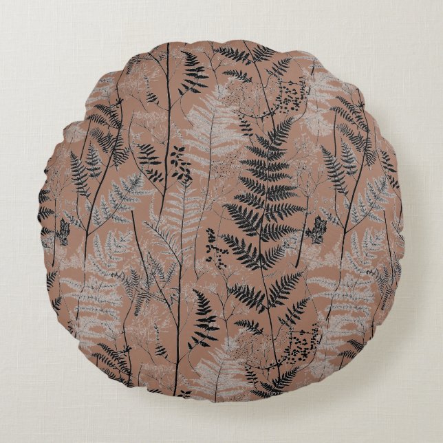 Modern black brown fern pattern round pillow (Front)