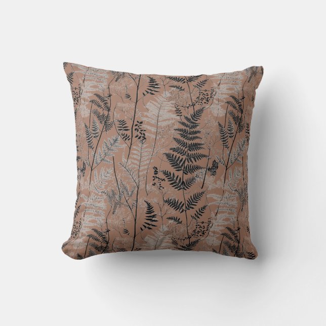 Modern black brown fern pattern throw pillow (Front)