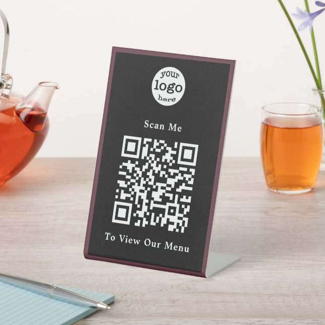 Modern Black Brown Logo QR Code Restaurant Menu Pedestal Sign (In SItu)