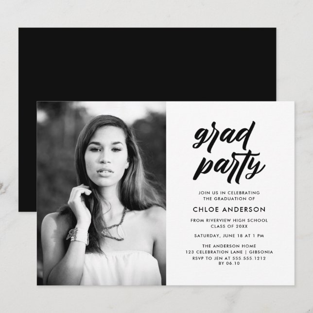 Modern Black Brush Script Photo Graduation Party  Invitation (Front/Back)
