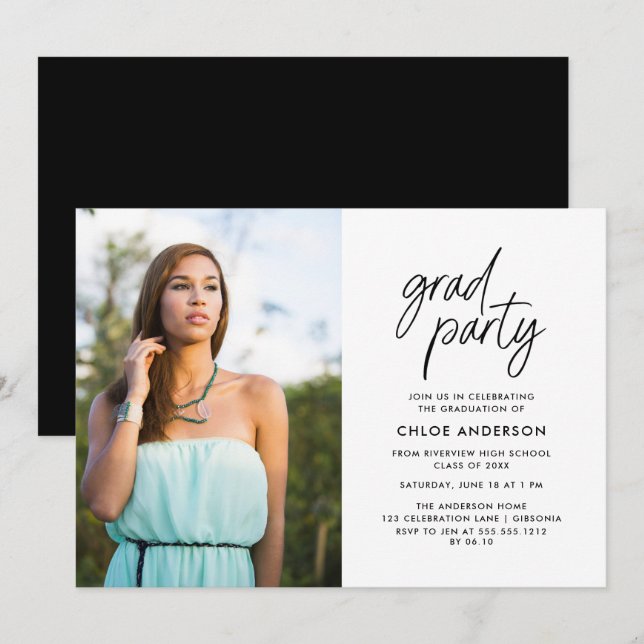 Modern Black Brush Script Photo Graduation Party  Invitation (Front/Back)