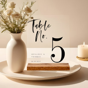 Modern Black Brush Script Wedding Table Number Acrylic Sign