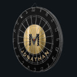 Modern Black Brushed Gold Monogram Name Dartboard<br><div class="desc">Modern black dart board with a brushed metallic gold emblem with classic block typography initial and name. Personalize with name and initial.</div>