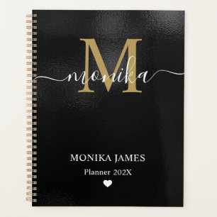 Modern Black Brushed Metal Gold Heart Monogram Planner