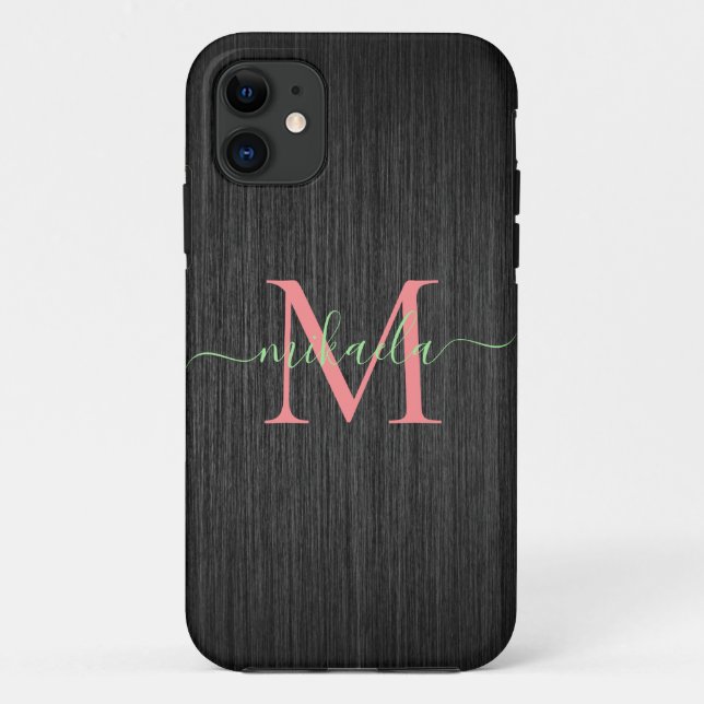 Modern Black Brushed Metal Rose Gold Monogram Case-Mate iPhone Case (Back)