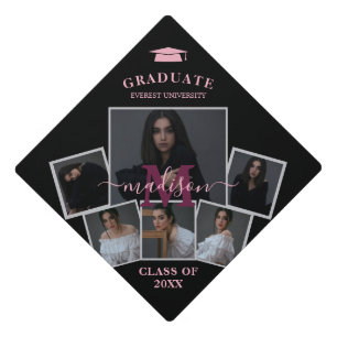 Modern Black Burgundy Pink Monogram 6 Photo  Graduation Cap Topper