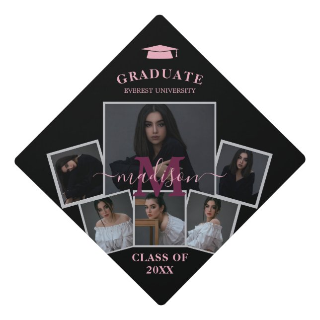 Modern Black Burgundy Pink Monogram 6 Photo  Graduation Cap Topper (Front)