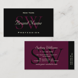 Modern Black Burgundy White Large Monogram Elegant Business Card