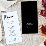 Modern Black Calligraphy Wedding Dinner Menu<br><div class="desc">This modern simple wedding menu card features calligraphy and a simple font for your wedding menu on white background on the front and a black solid backer. Perfect for a modern yet classic wedding or other event, wedding with a black and white colour theme or elegant wedding. On the back...</div>