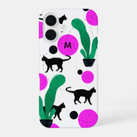 Modern Black Cat and Cactus Pattern Monogram
