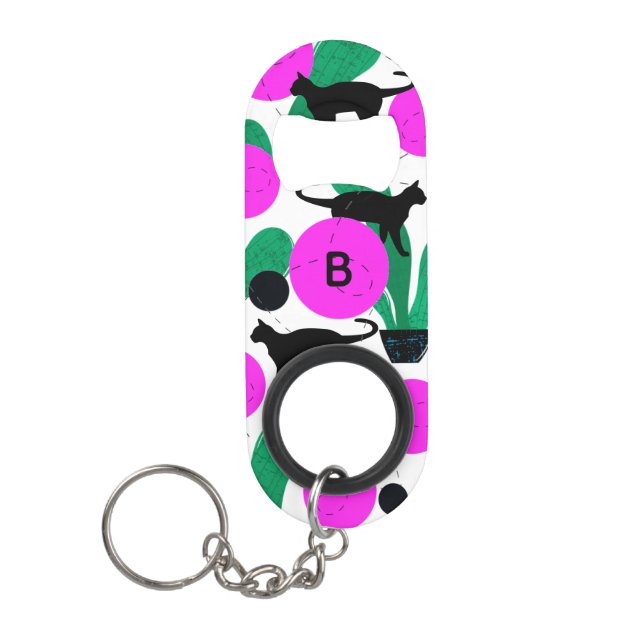 Modern Black Cat and Cactus Pattern Monogram Keychain Bottle Opener (Front)