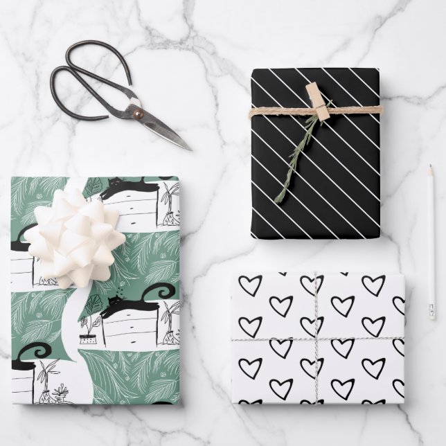 Modern Black Cat and Plants Pattern Wrapping Paper Sheet (Front)