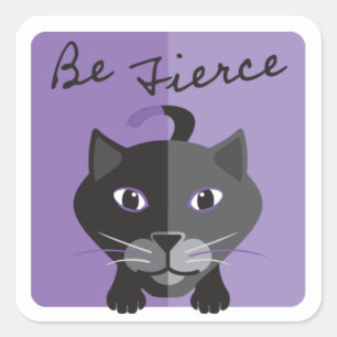 Modern Black Cat Illustration Be Fierce Purple Square Sticker