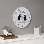 Modern black cat silhouettes family name large clock<br><div class="desc">Modern black cat silhouettes family name Large Clock.
Add your own name to personalize.</div>