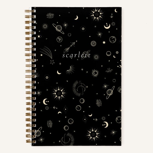 Modern Black Celestial Starry Night Notebook (Front)