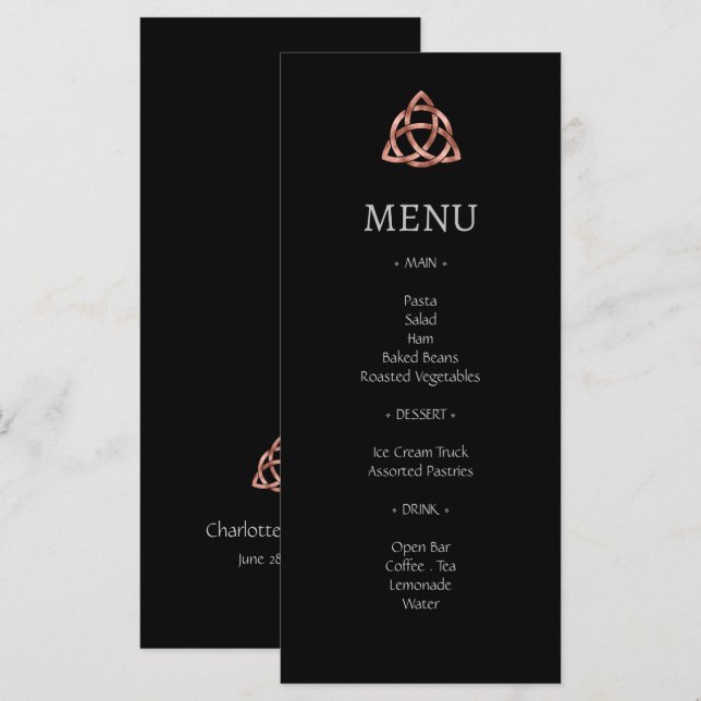 Modern Black Celtic Knot Rose Gold Wedding Menu (Front/Back)