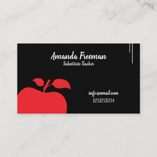 Modern Black Chalkboard Apple Substitute Teacher Business Card (Front)