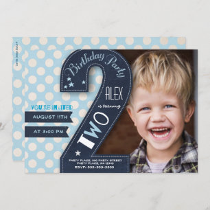 Modern black chalkboard & blue dot second birthday invitation