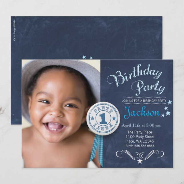 Modern Black Chalkboard First Birthday Party Boy Invitation (Front/Back)