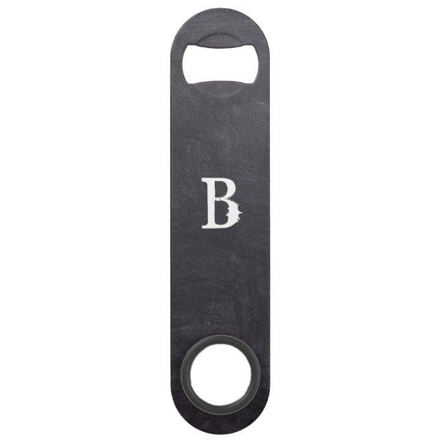 Modern Black Chalkboard Monogram Bottle Opener Bar Key (Front)