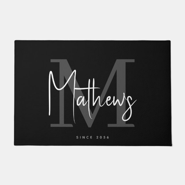 Modern Black Charcoal Grey Monogram Family Name Doormat (Front)