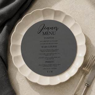 Modern Black & Charcoal Round Wedding Dinner Menu