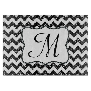 Modern Black Chevron Monogram Glass Cutting Board