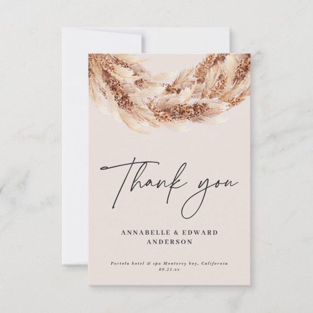 Modern black chic pampas grass wedding photo thank you card (Front)