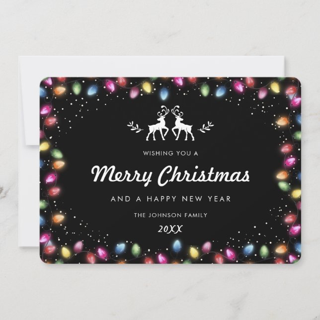 Modern Black Christmas Lights Reindeer Snow Holiday Card (Front)