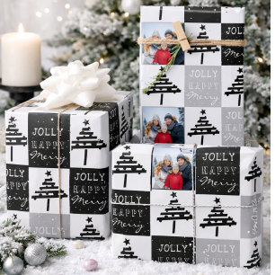 Modern Black Christmas Tree Family Photo  Wrapping Paper Sheet