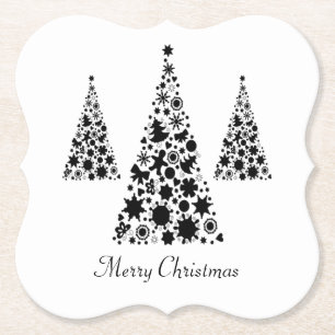Modern Black Christmas Tree Pattern on White Paper Coaster