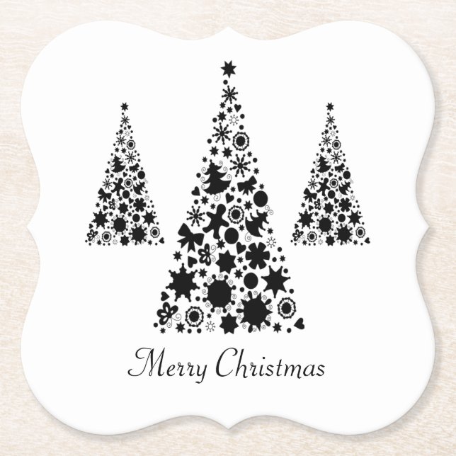 Modern Black Christmas Tree Pattern on White Paper Coaster (Front)