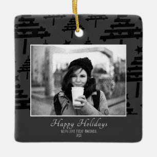 Modern Black Christmas Tree Photo Holiday Ceramic Ornament
